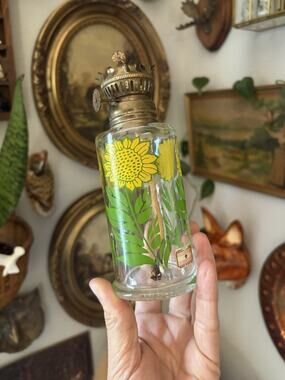 Vintage 1970s Lamplight Farms Mini Glass Oil Lamp Painted Sunflowers